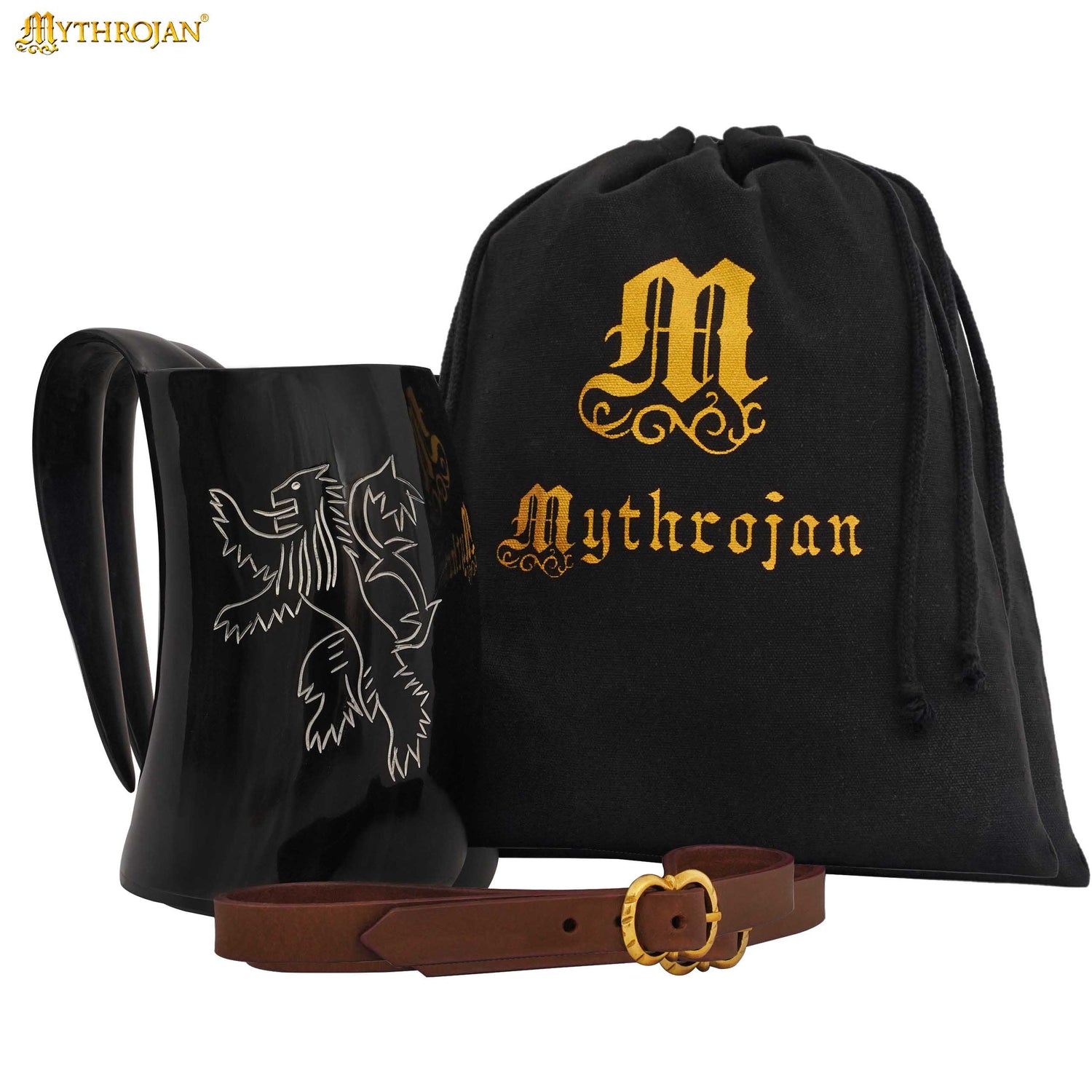 Mythrojan Viking Drinking Tankard with Medieval Buckle Leather Strap Wine Beer Mead Mug 800 ML - Polished Finish