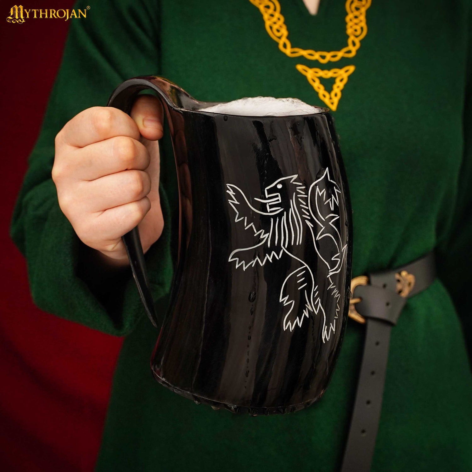 Mythrojan Viking Drinking Tankard with Medieval Buckle Leather Strap Wine Beer Mead Mug 800 ML - Polished Finish