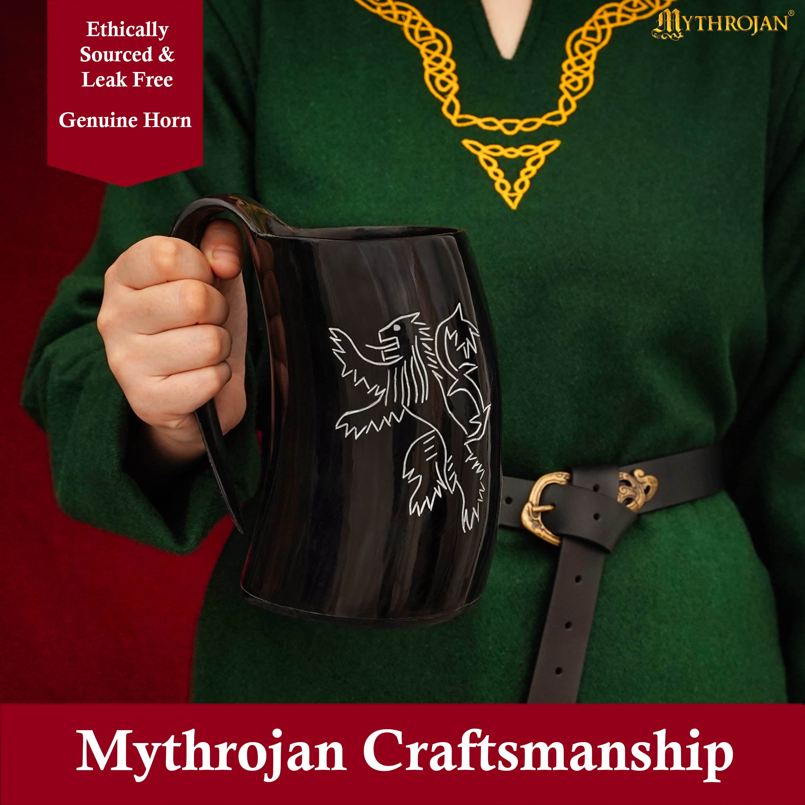 Mythrojan Viking Drinking Tankard with Medieval Buckle Leather Strap Wine Beer Mead Mug 800 ML - Polished Finish