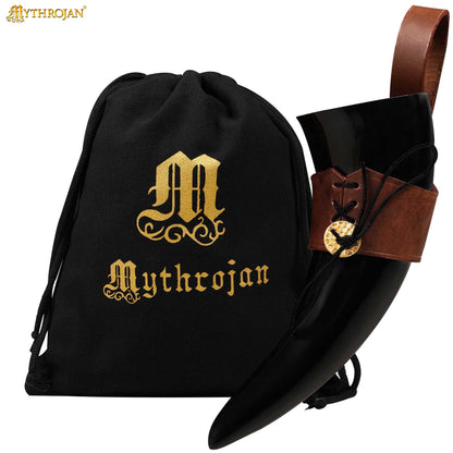 Mythrojan Viking Drinking Horn with Black Leather Holder Authentic Drinking Horn Norse Beer Horn Drinking Horn , 250ml