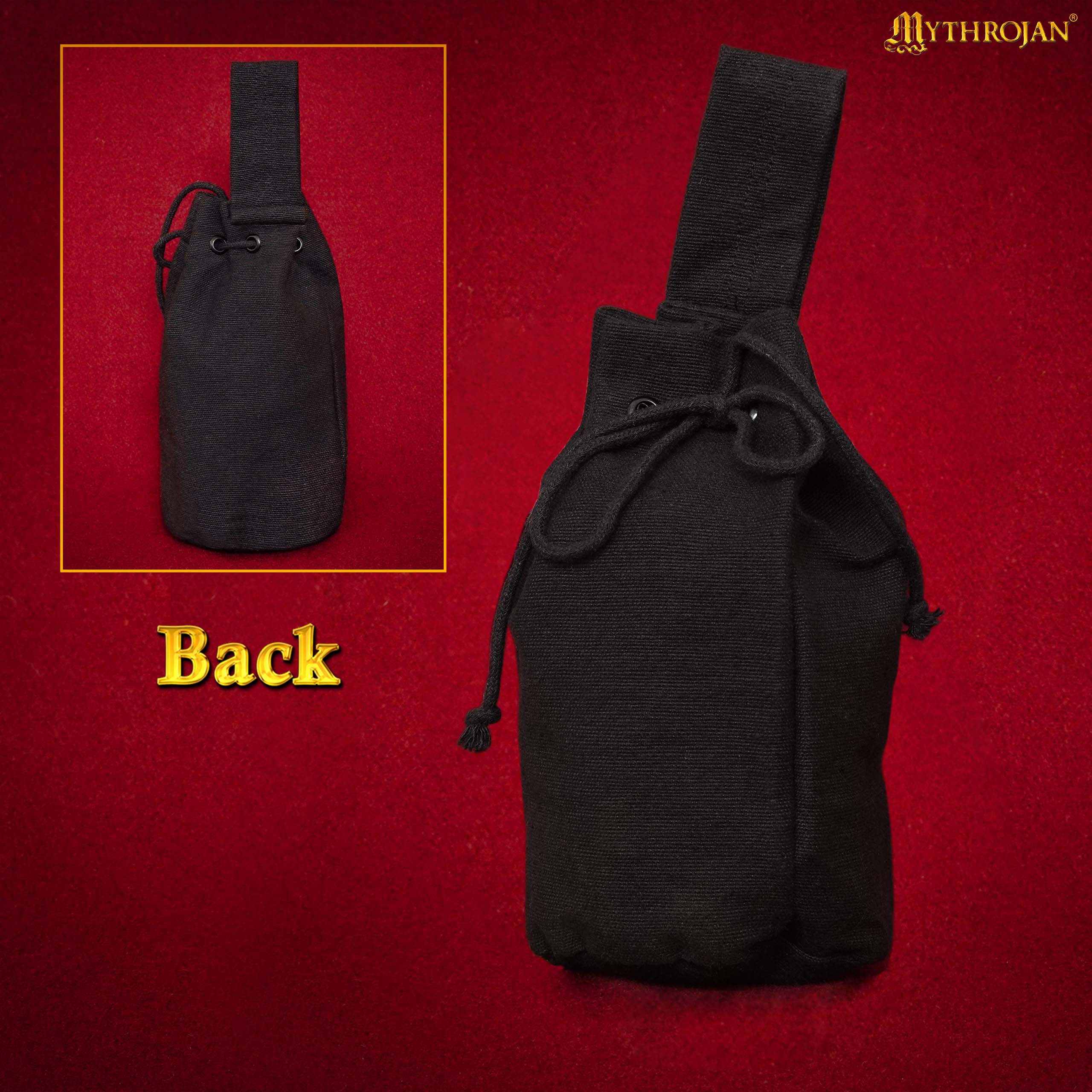 Mythrojan Medieval Drawstring Belt Bag, Ideal for SCA LARP Reenactment &amp; Ren fair, Handwoven Canvas , Black , 8 ”× 6.5 ”