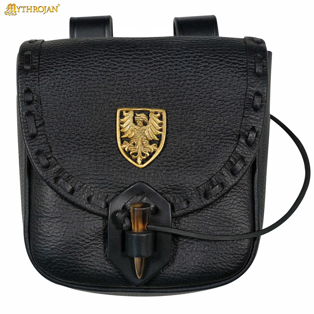 Mythrojan “The Adventurer’s” Belt Bag with Solid Brass Eagle Decoration , Ideal for SCA LARP Reenactment &amp; Ren fair, Full Grain Leather, Black , 8”x 7”