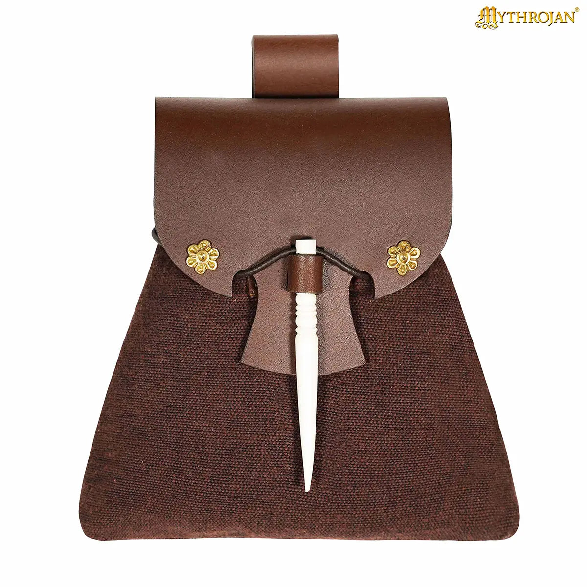 Mythrojan “Gold and Dice” Medieval Fantasy Belt Bag with Bone Needle Closure, Ideal for SCA LARP reenactment &amp; Ren fair, Brown, 7”×7”