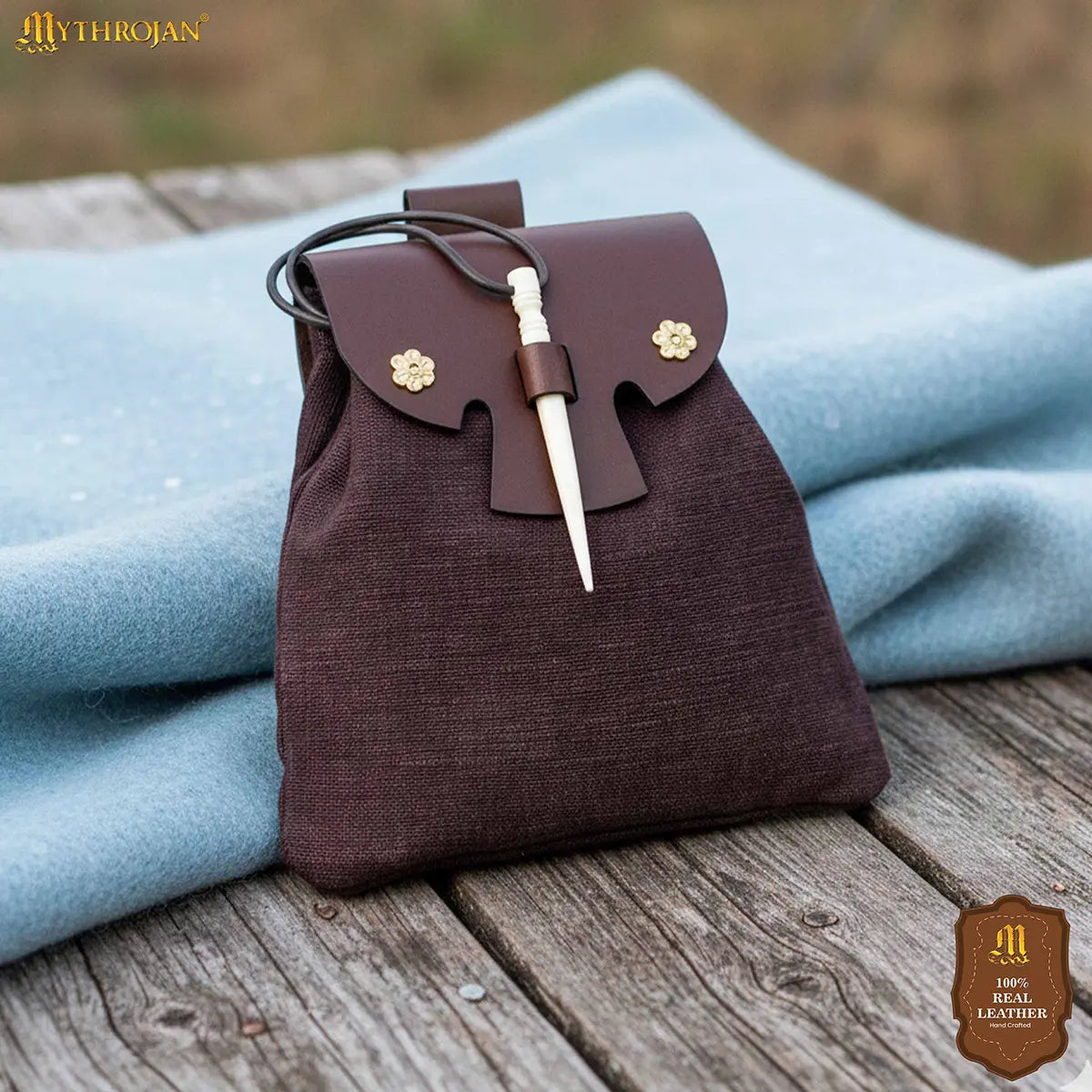 Mythrojan “Gold and Dice” Medieval Fantasy Belt Bag with Bone Needle Closure, Ideal for SCA LARP reenactment &amp; Ren fair, Brown, 7”×7”