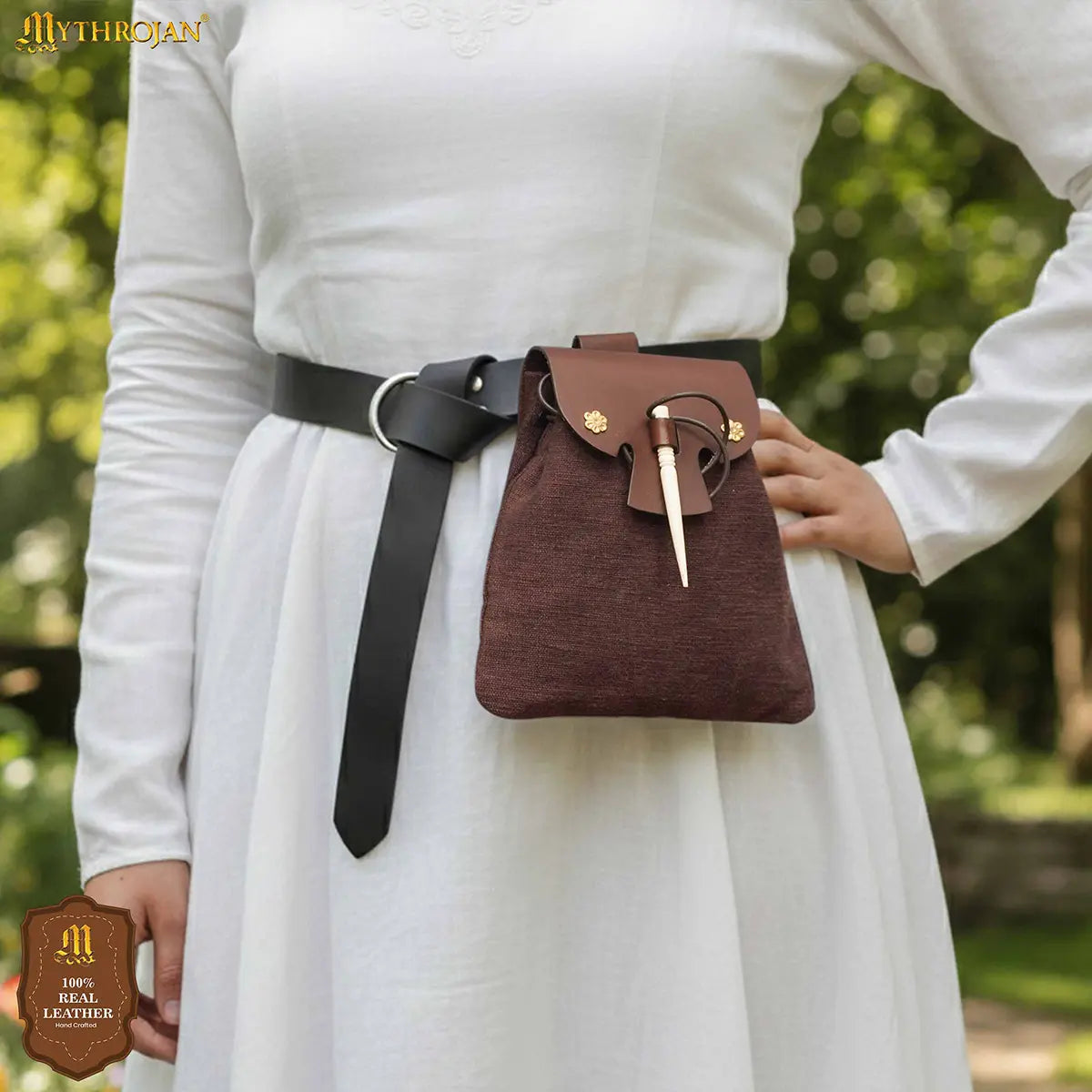 Mythrojan “Gold and Dice” Medieval Fantasy Belt Bag with Bone Needle Closure, Ideal for SCA LARP reenactment &amp; Ren fair, Brown, 7”×7”