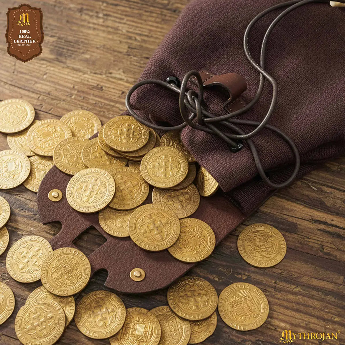 Mythrojan “Gold and Dice” Medieval Fantasy Belt Bag with Bone Needle Closure, Ideal for SCA LARP reenactment &amp; Ren fair, Brown, 7”×7”