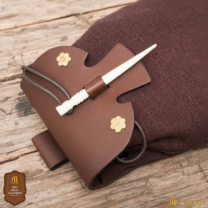 Mythrojan “Gold and Dice” Medieval Fantasy Belt Bag with Bone Needle Closure, Ideal for SCA LARP reenactment &amp; Ren fair, Brown, 7”×7”