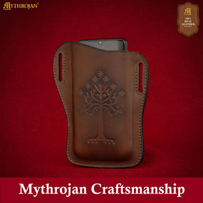 Mythrojan The Tree of Gondor / Numenor Phone Case Genuine Leather Belt Pouch for Mobile Phones, Full Grain Leather, Brown