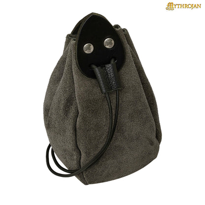 Mythrojan “Gold and Dice” Drawstring Pouch, Ideal for SCA LARP Reenactment &amp; Ren fair - Suede Leather Pouch, Black and Brown , 6 ”