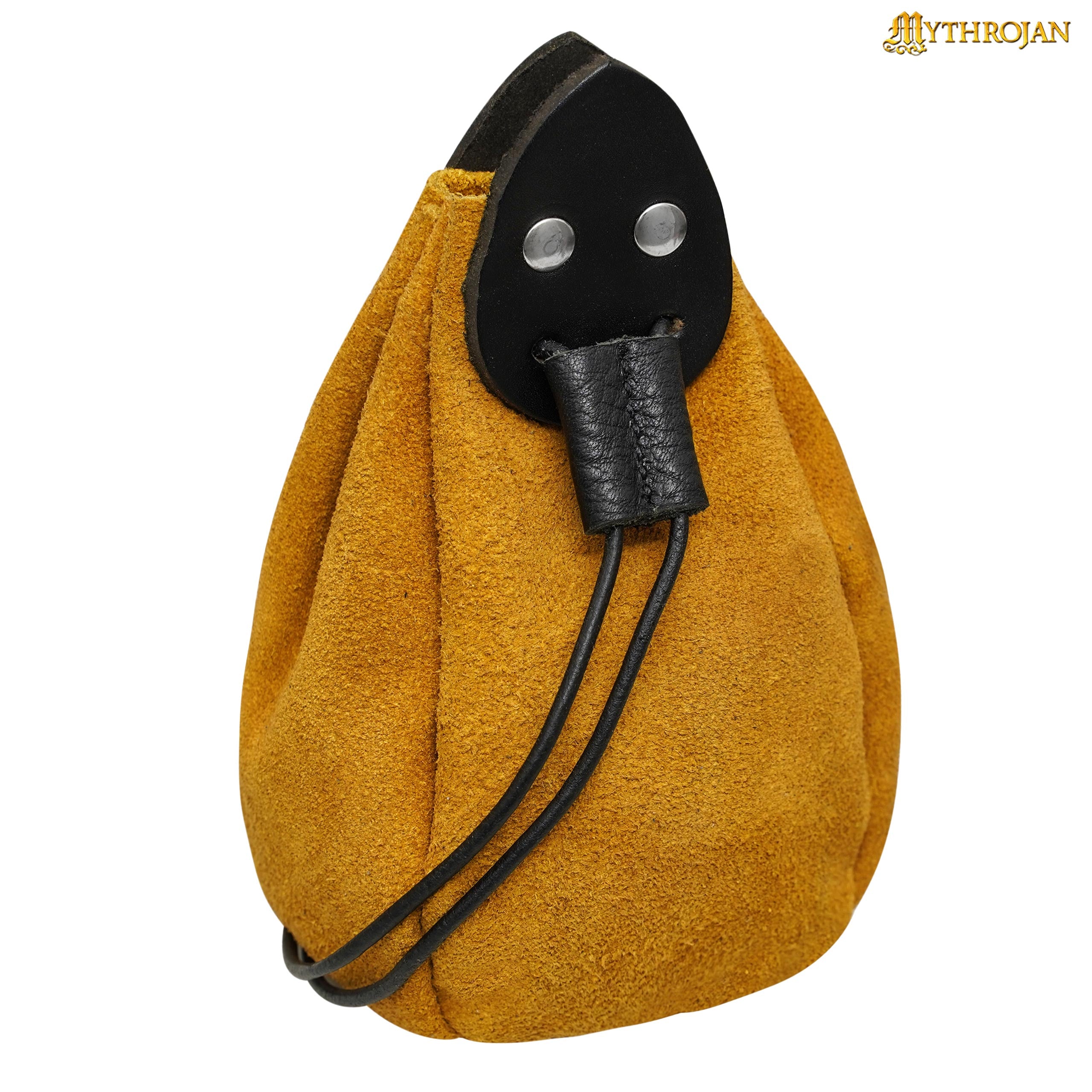 Mythrojan “Gold and Dice” Drawstring Pouch, ideal for SCA LARP reenactment &amp; Ren fair-Suede Leather Pouch, Yellow, 6”