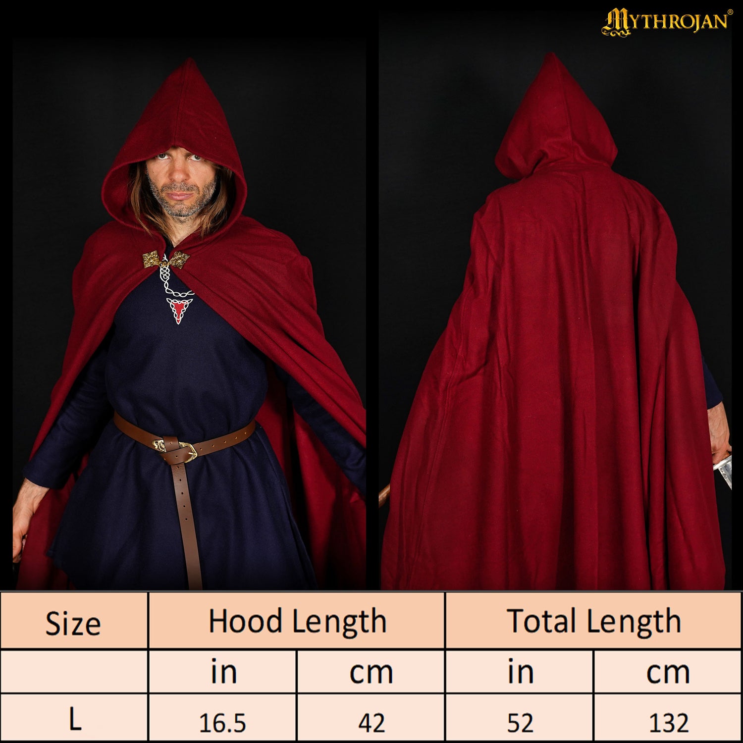 Mythrojan Woolen Hooded Cloak /Cape with delicate BRASS BROOCH Medieval Wool C ape for Ranger LARP SCA Cosplay, Maroon , Large