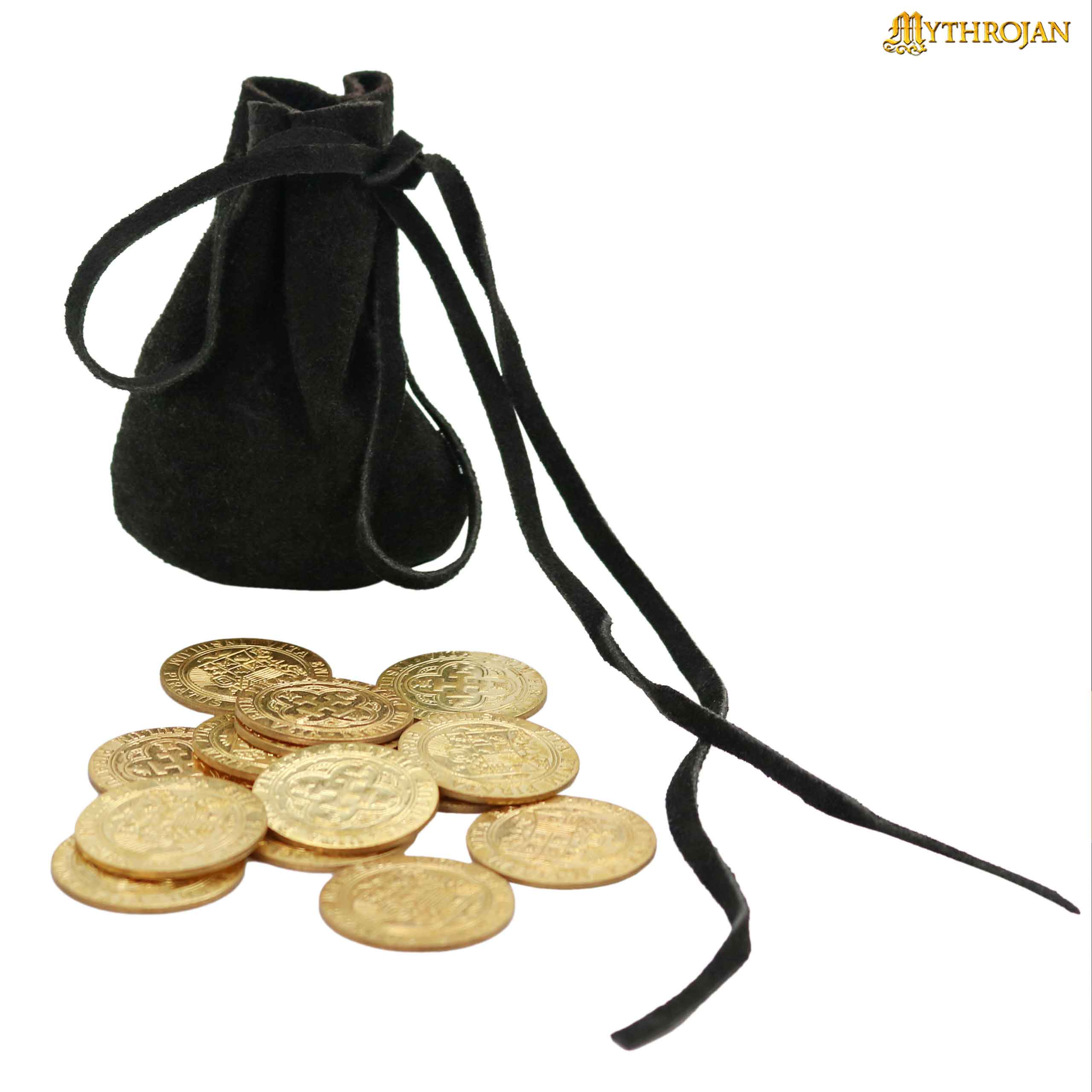 Mythrojan 20 Solid Brass LARP Gold Coins and Suede Leather Trinket Bag : LARP PIRATE treasure pouch purse