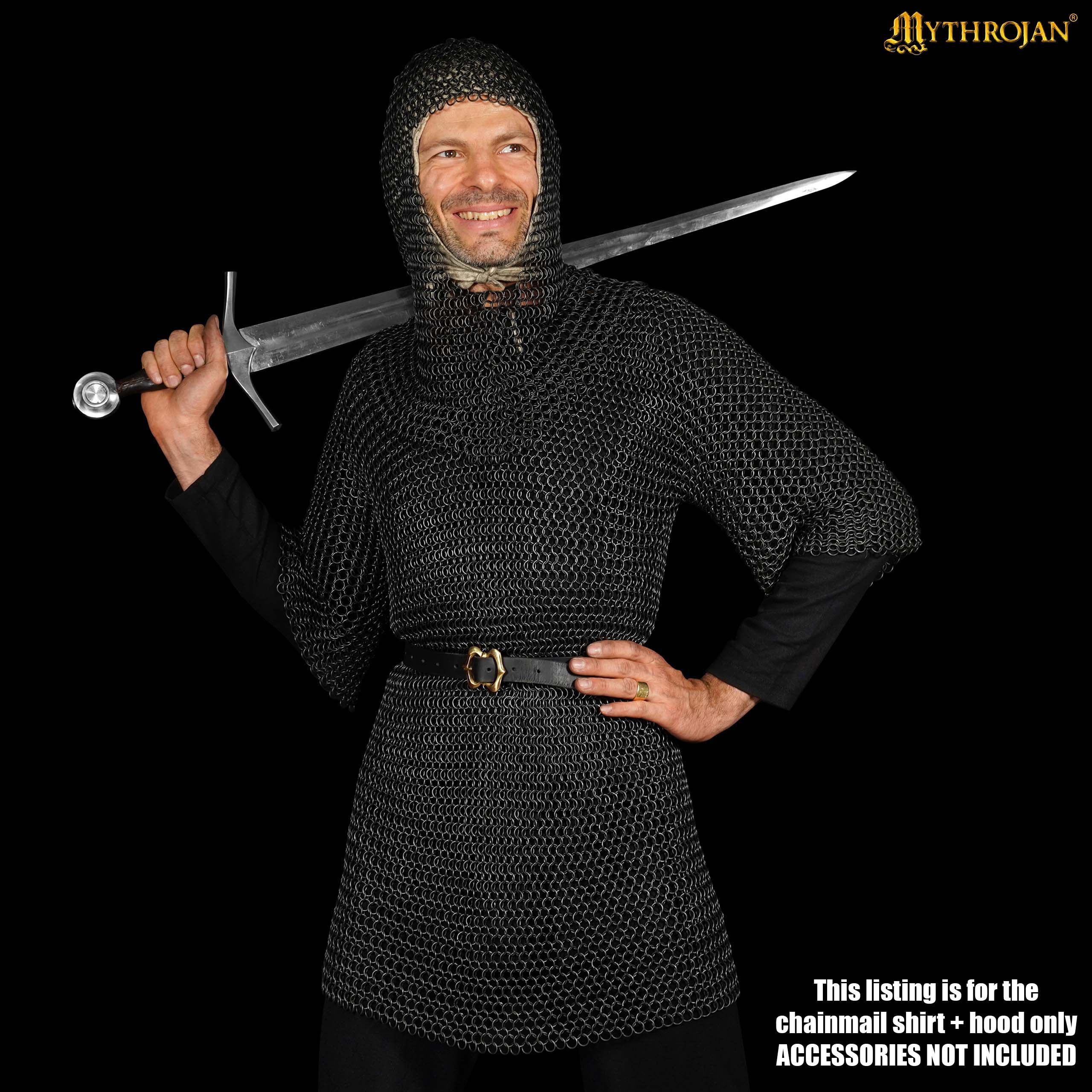 Mythrojan Chainmail Shirt with Coif Medieval Knight Armor Costume – Black Finish