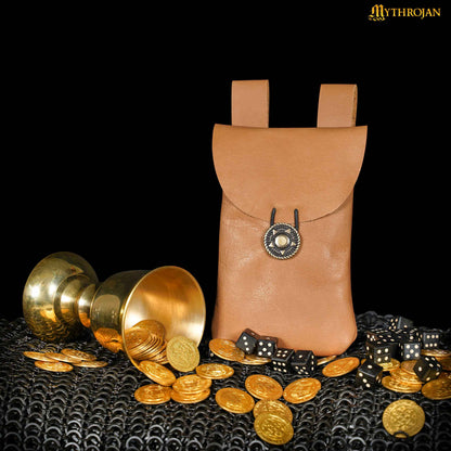 Mythrojan Leather Belt Bag, Ideal for SCA LARP Reenactment &amp; Ren fair, Full Grain Leather, Brown , 7.2 ”× 4.7 ”