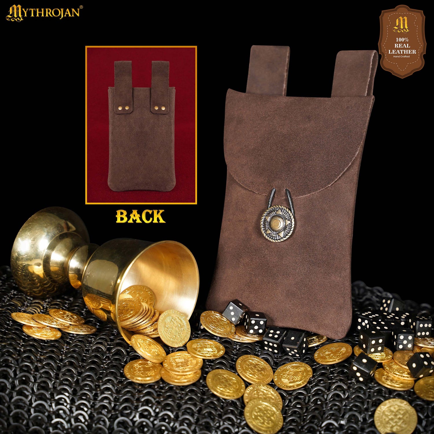 Mythrojan Suede Belt Bag, Ideal for SCA LARP Reenactment &amp; Ren fair, Suede Leather, Chocolate Brown , 7.2 ”× 4.7 ”
