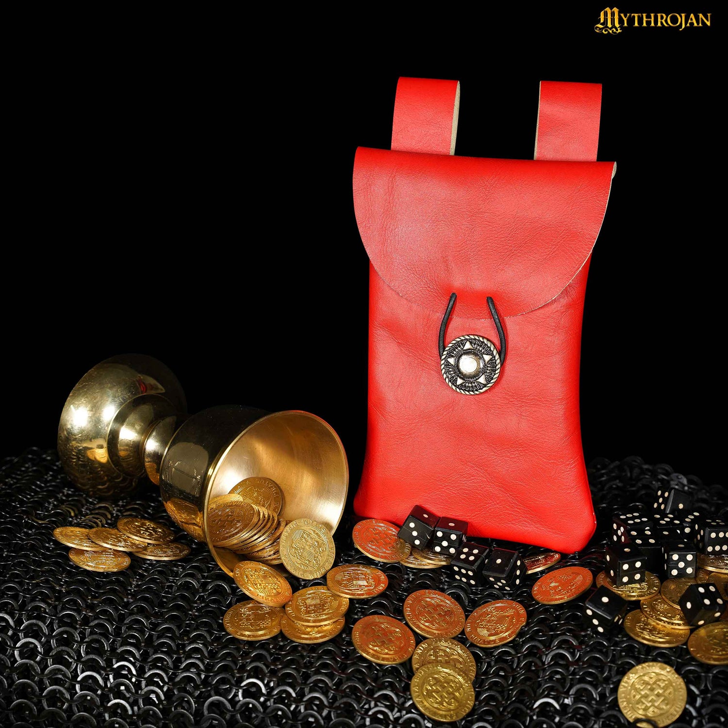 Mythrojan Leather Belt Bag, Ideal for SCA LARP Reenactment &amp; Ren fair, Full Grain Leather, Red , 7.2 ”× 4.7 ”