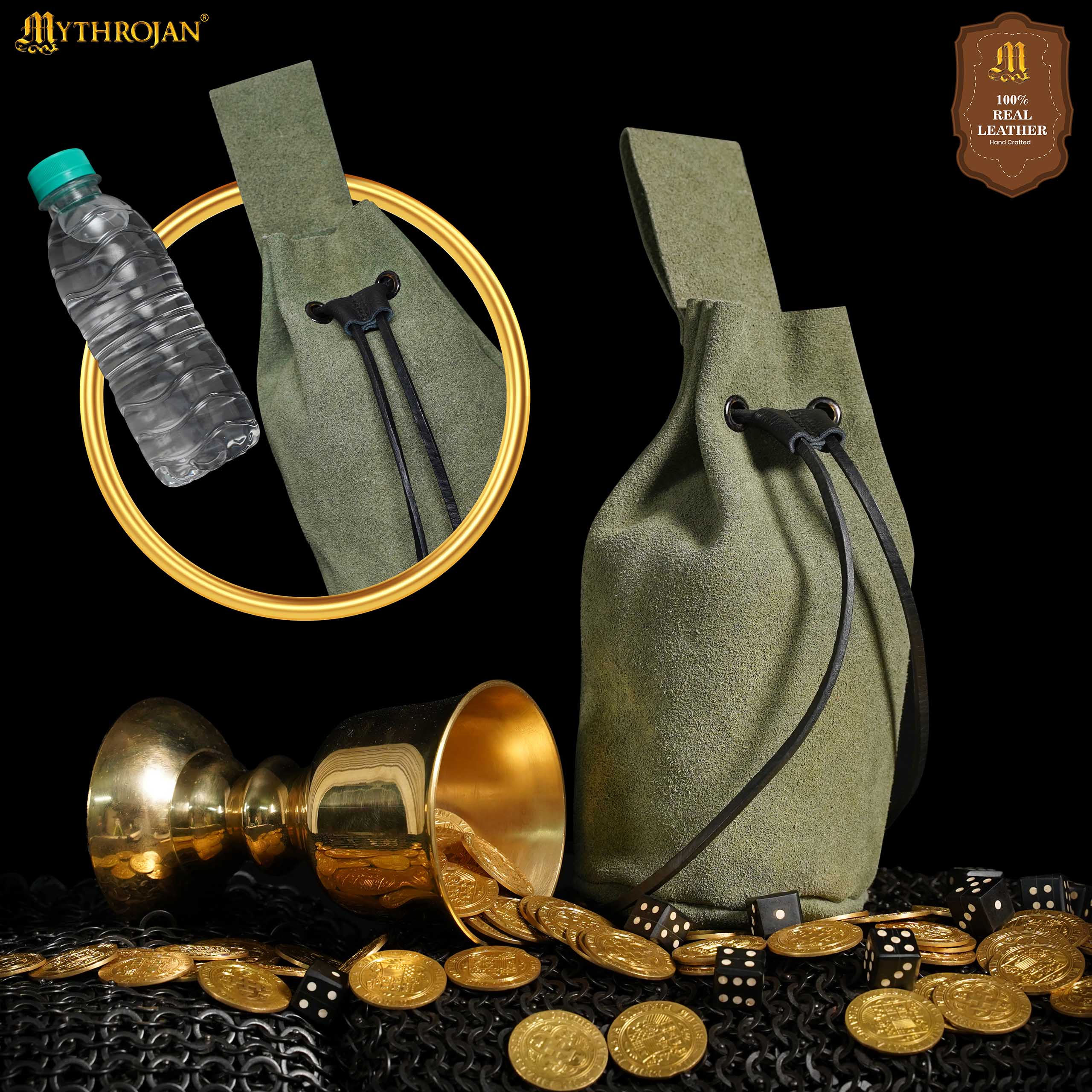 Mythrojan Medieval Drawstring Belt Bag, Ideal for SCA LARP Reenactment &amp; Ren Fair, Suede Leather, Green, 8”×6.5”