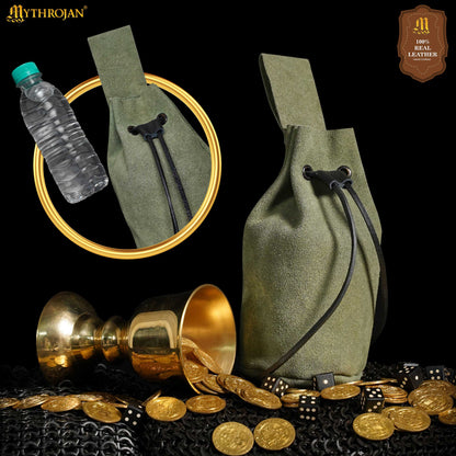 Mythrojan Medieval Drawstring Belt Bag, Ideal for SCA LARP Reenactment &amp; Ren Fair, Suede Leather, Green, 8”×6.5”