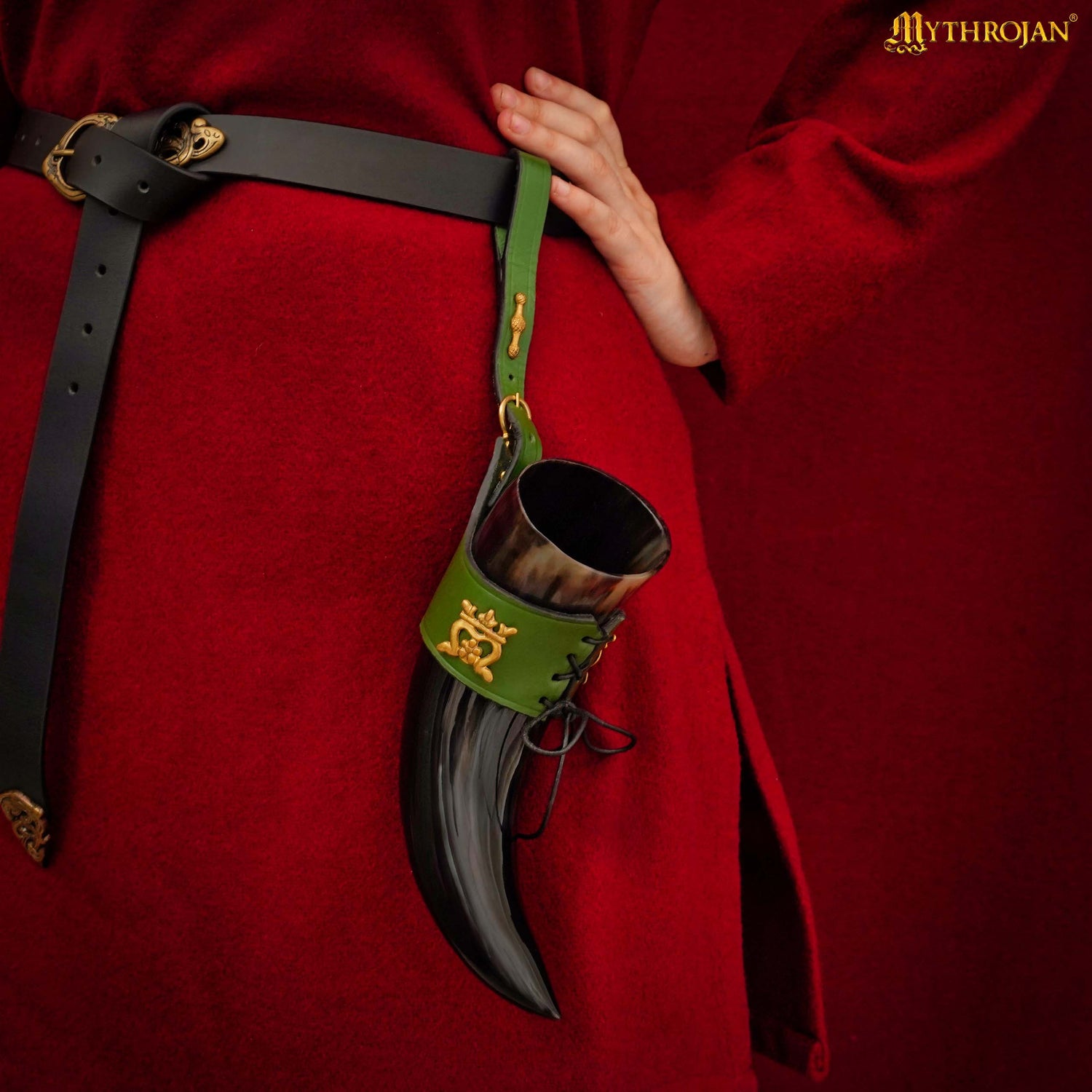 Mythrojan"THE ELEGANT LADY" Viking Drinking Horn with Leather Holder Authentic Medieval Inspired Viking Wine/Mead Mug - Polished Finish - 250 ML / Green