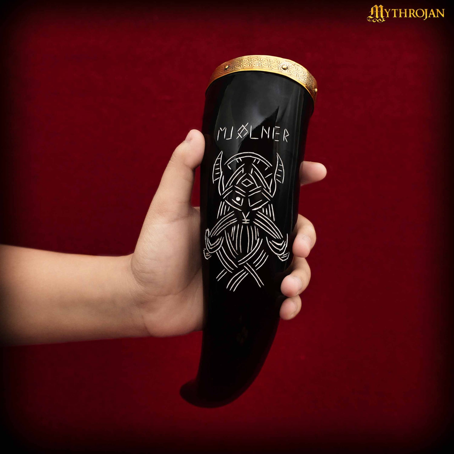 Mythrojan Viking Drinking Horn With Brass Rim &amp; Tip Authentic Medieval Inspired Wine/Mead 400 ML - Polished Finish