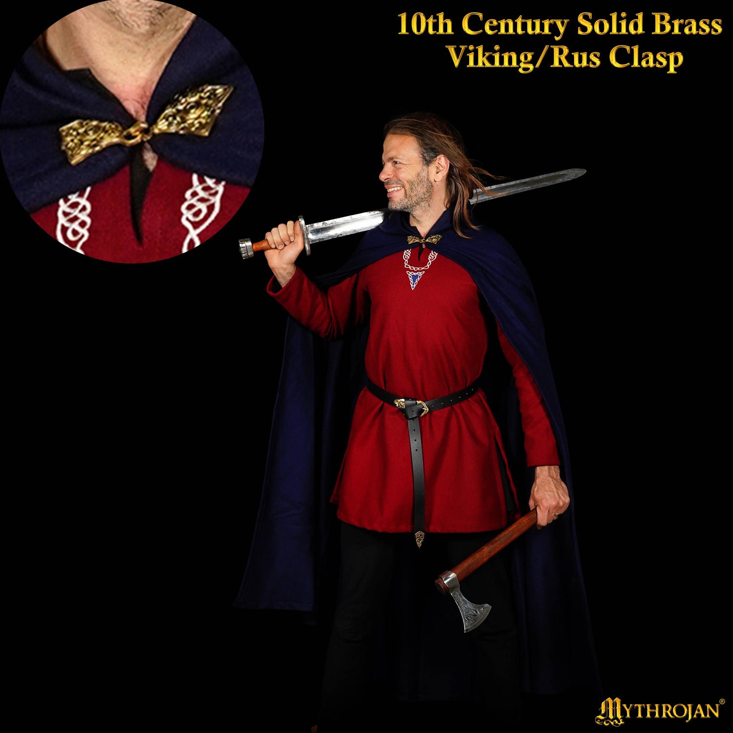 Mythrojan Woolen Hooded Cloak/Cape with BRASS BROOCH Medieval Wool Cape for Ranger LARP SCA Cosplay, Navy Blue, Large