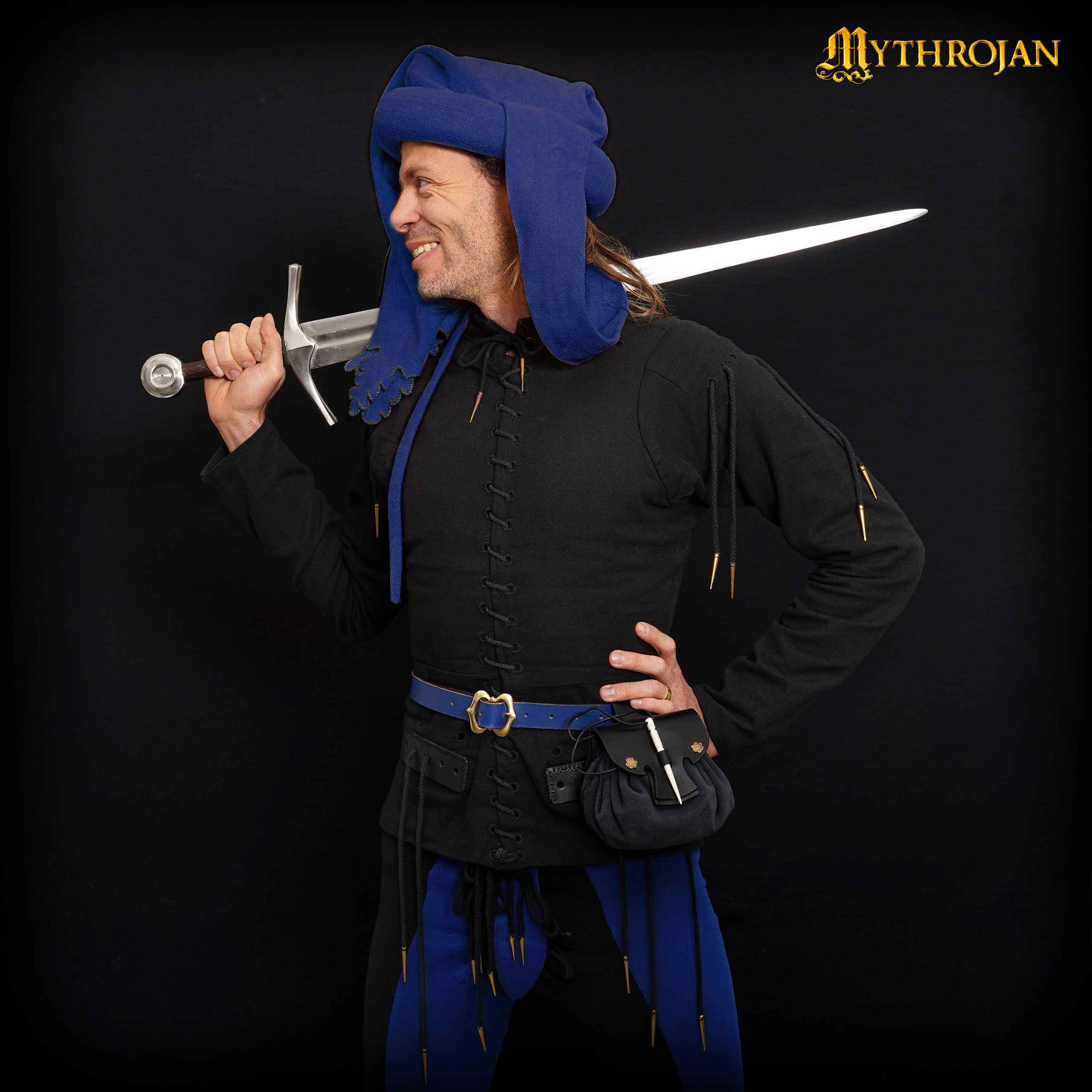 Mythrojan “ Gold and Dice ” Medieval Fantasy Belt Bag with Bone Needle Closure, Ideal for SCA LARP Reenactment &amp; Ren fair, Midnight Navy Blue , 3.5”