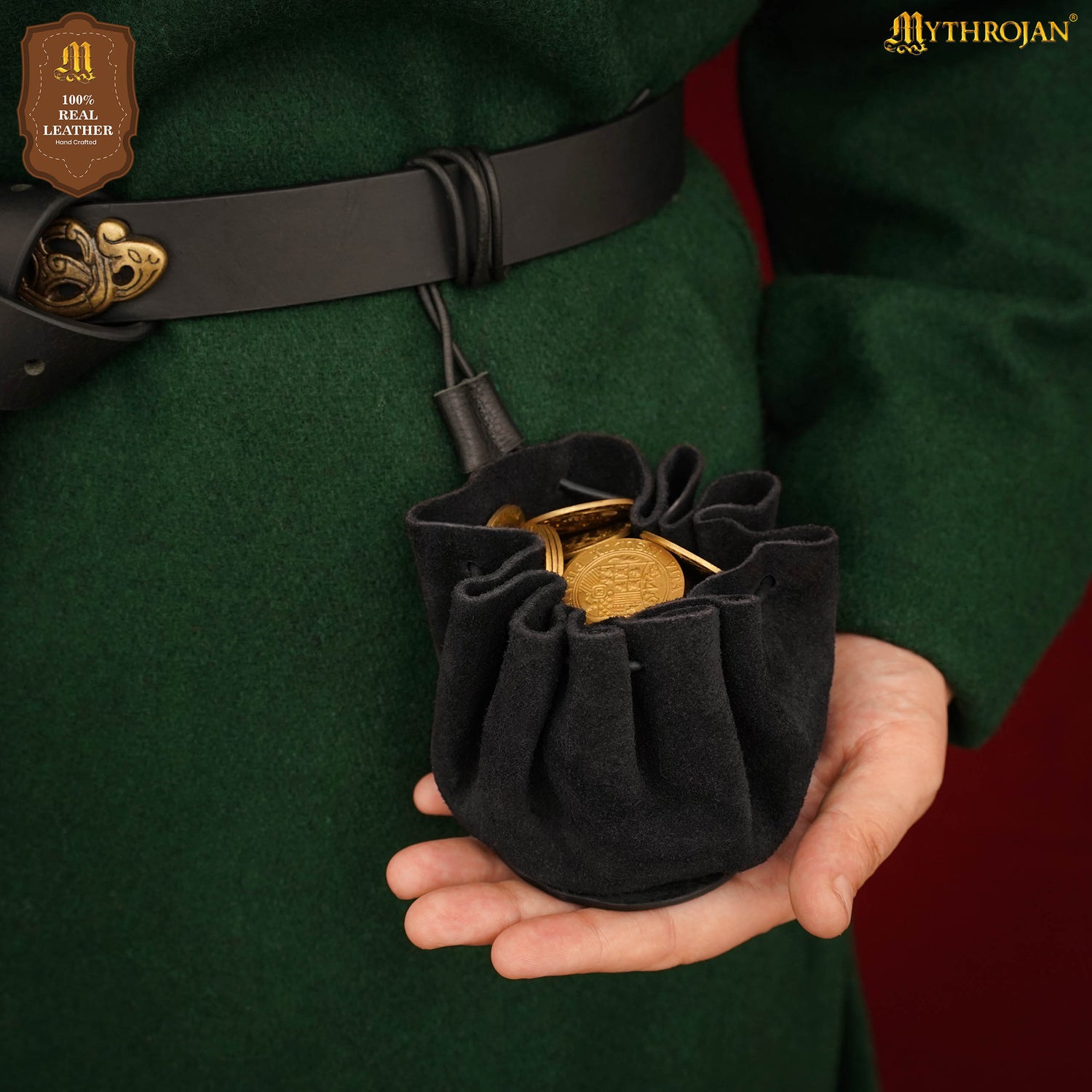Mythrojan “Gold and Dice” Medieval Drawstring Bag, Ideal for SCA LARP Reenactment &amp; Ren Fair-Suede Leather Pouch, Deep Black 2.5”