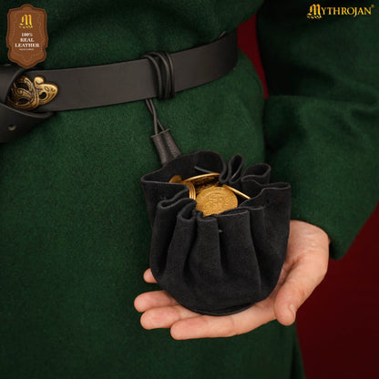 Mythrojan “Gold and Dice” Medieval Drawstring Bag, Ideal for SCA LARP Reenactment &amp; Ren Fair-Suede Leather Pouch, Deep Black 2.5”