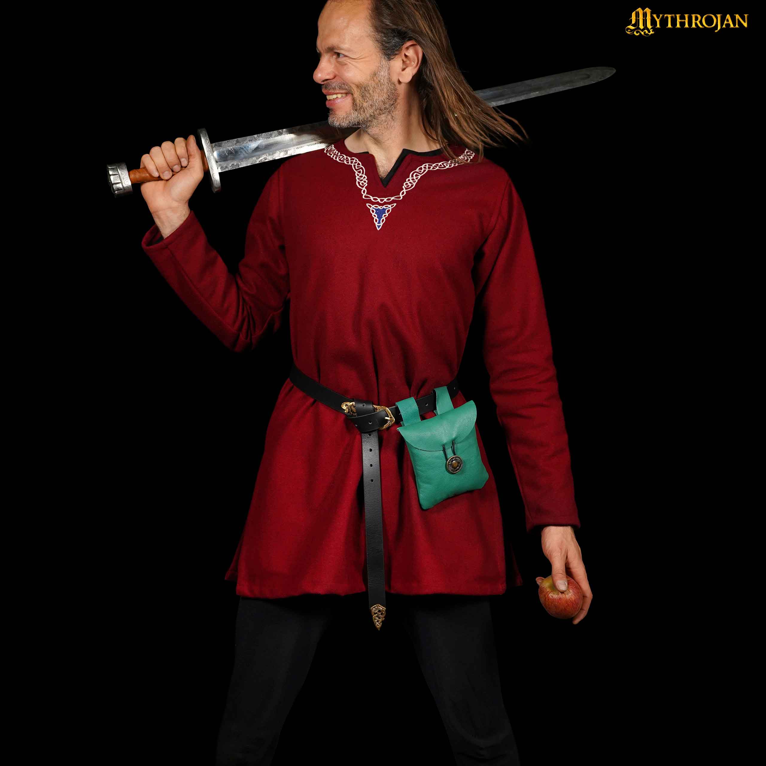 Mythrojan Leather Belt Bag, Ideal for SCA LARP Reenactment &amp; Ren fair, Full Grain Leather, Green , 5 .5”× 5.1 ”