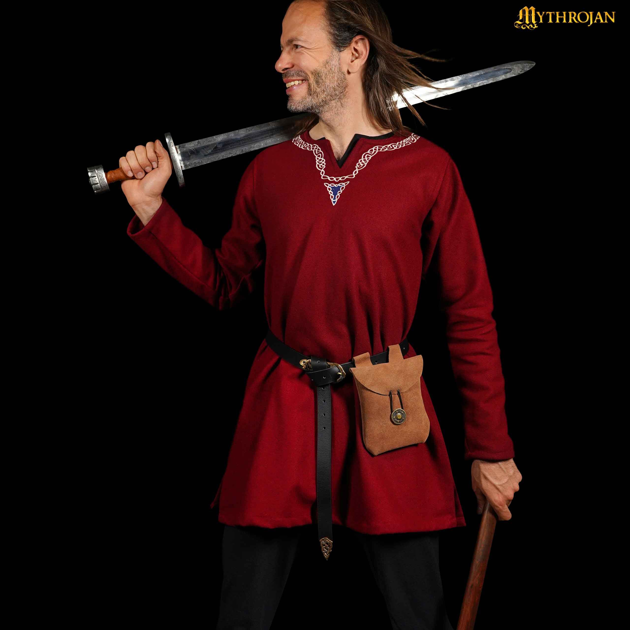 Mythrojan Suede Belt Bag, Ideal for SCA LARP Reenactment &amp; Ren fair, Suede Leather, Brown , 5 .5”× 5.1 ”