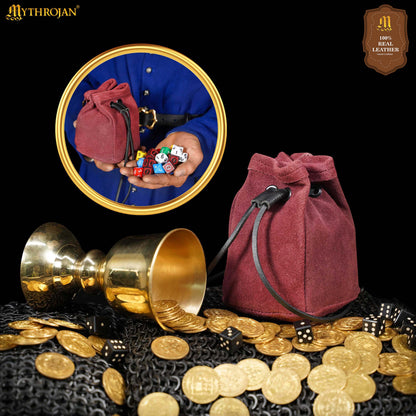 Mythrojan Medieval Drawstring Belt Bag, ideal for SCA LARP reenactment &amp; Ren fair, Suede Leather, Burgundy, 5”×4”