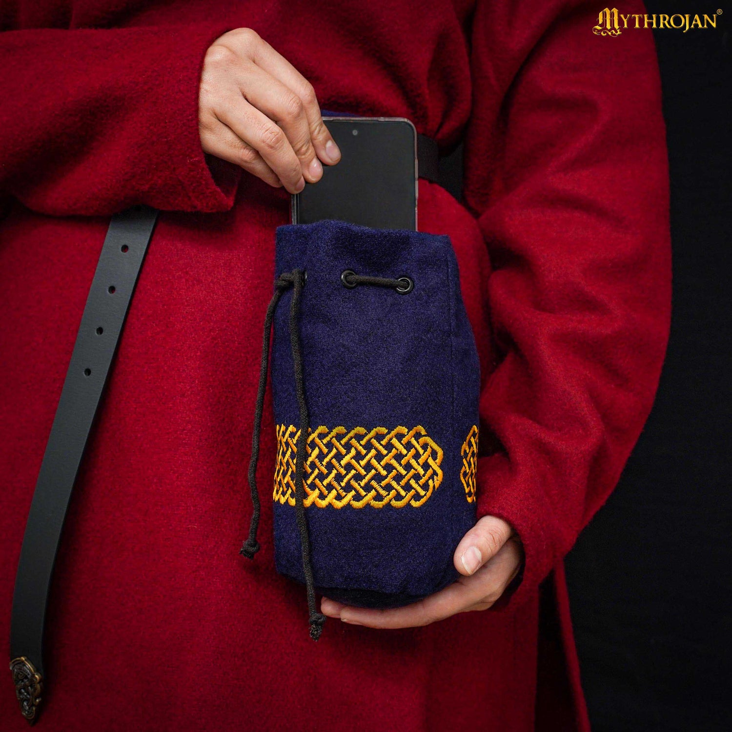 Mythrojan Embroidered Wool Drawstring Belt Pouch: Medieval Viking Celtic Bag Costume Accessories Coin Purse, 8” × 6.5”