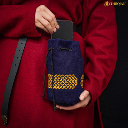 Mythrojan Embroidered Wool Drawstring Belt Pouch: Medieval Viking Celtic Bag Costume Accessories Coin Purse, 8” × 6.5”