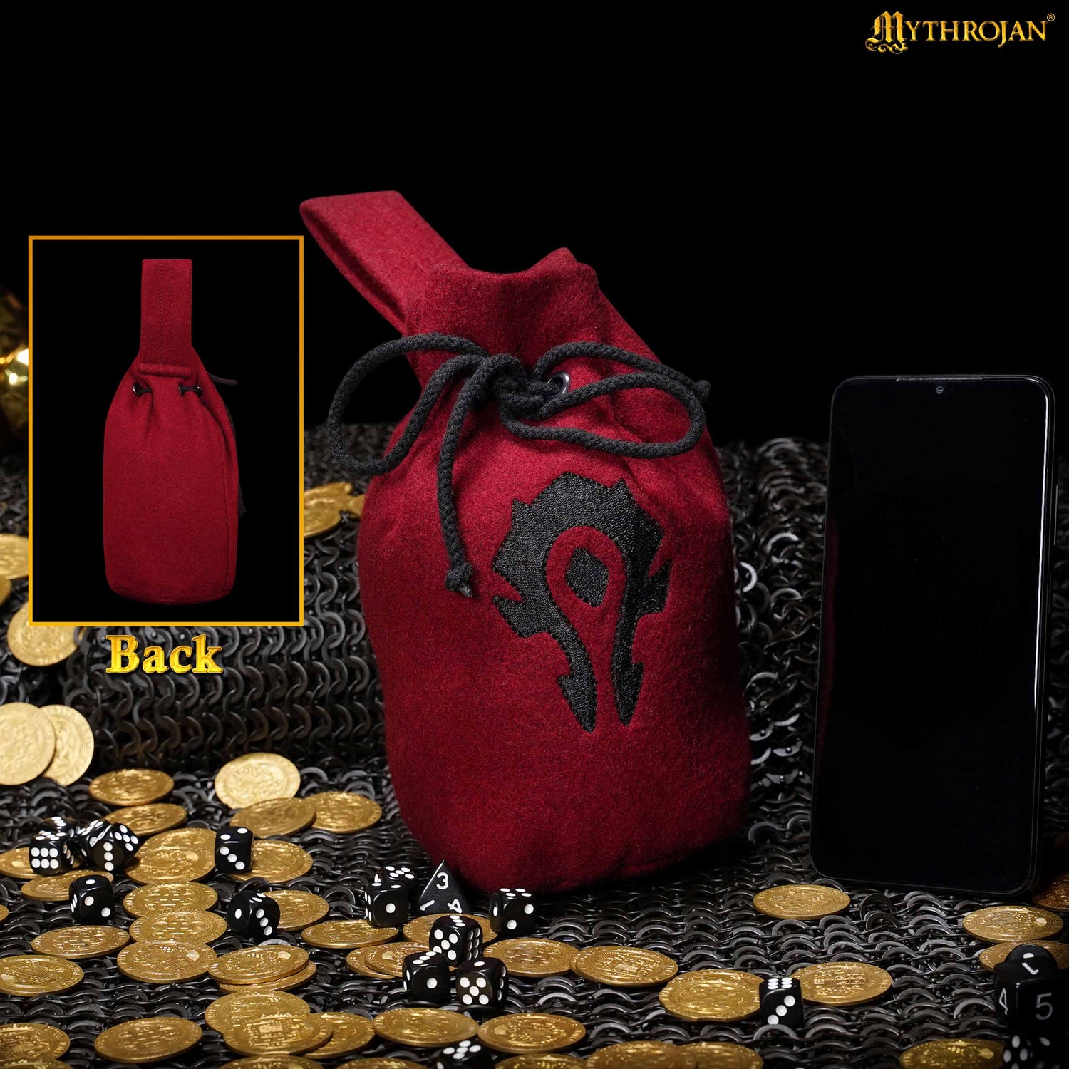 Mythrojan “For the Horde” Wool Drawstring Belt Pouch: Costume Accessory Coin Purse , Maroon , 8” × 6.5”