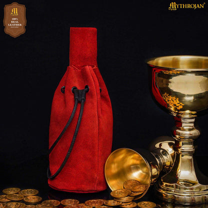 Mythrojan Medieval Drawstring Belt Bag, Ideal for SCA LARP Reenactment &amp; Ren Fair, Suede Leather, Cherry 8”×6.5”
