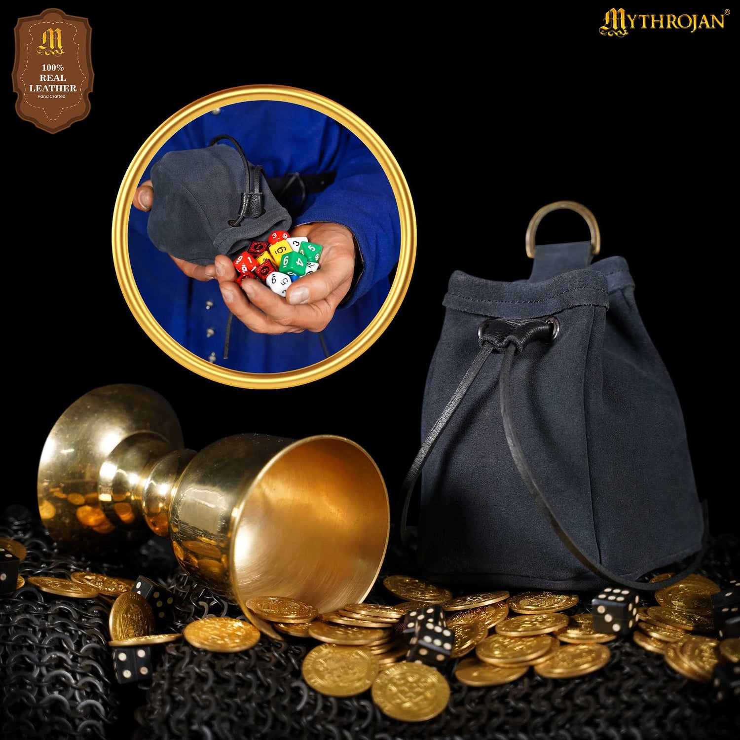 Mythrojan Medieval Drawstring Belt Bag, ideal for SCA LARP reenactment &amp; Ren fair, Suede Leather, Midnight Navy Blue, 5”×4”