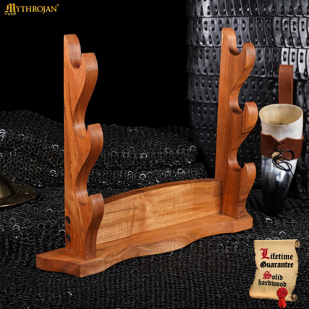 Mythrojan Solid Wood Sword Stand Medieval Sword Wall Mount Samurai Sword Display Stand Katana Sword Holder Gladiator Sword Wall Display Crusader Sword Stand Knife Stand for Display - Three Tier Sand