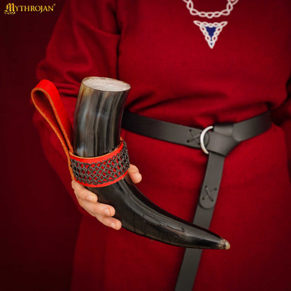 Mythrojan THE WITCHER COMPANION Viking Drinking Horn with Red Leather Holder Authentic Medieval Inspired Viking Wine/Mead Mug - Polished Finish