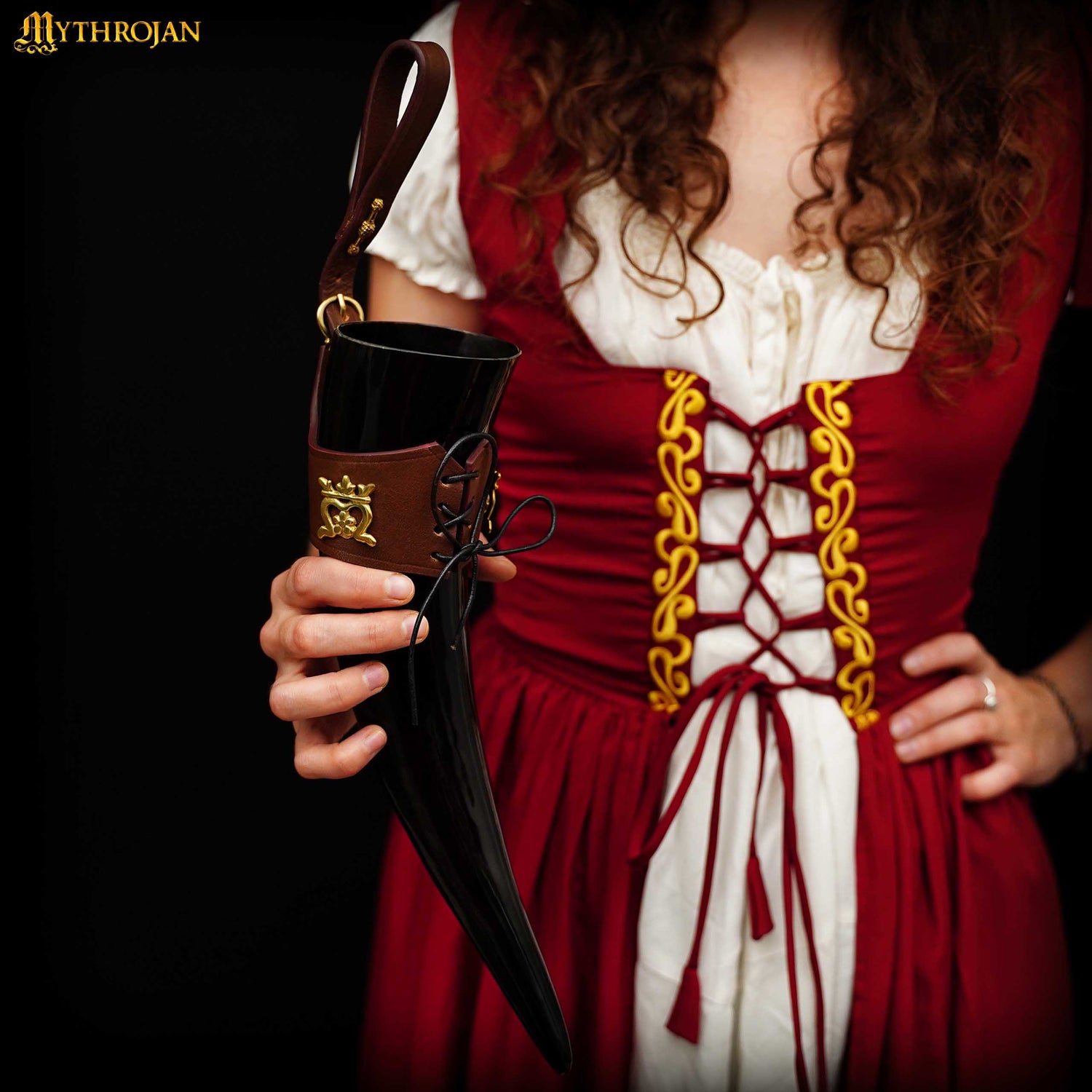 Mythrojan"THE ELEGANT LADY" Viking Drinking Horn with Leather Holder Authentic Medieval Inspired Viking Wine/Mead Mug - Polished Finish - 250 ML / Brown