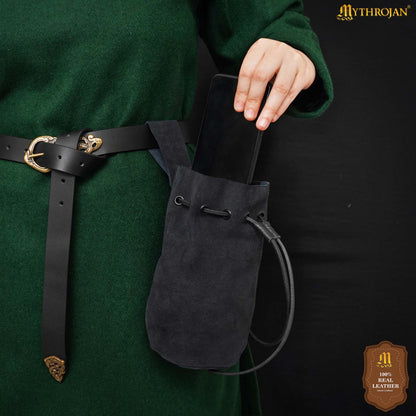 Mythrojan Medieval Drawstring Belt Bag, Ideal for SCA LARP  Reenactment &amp; Ren fair , Suede Leather , Midnight Navy blue 8” ×6.5 ”