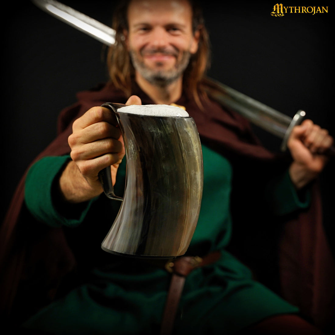 Mythrojan Viking Horn Mug Tankard with Leather Strap 800ml Wine Beer Mead