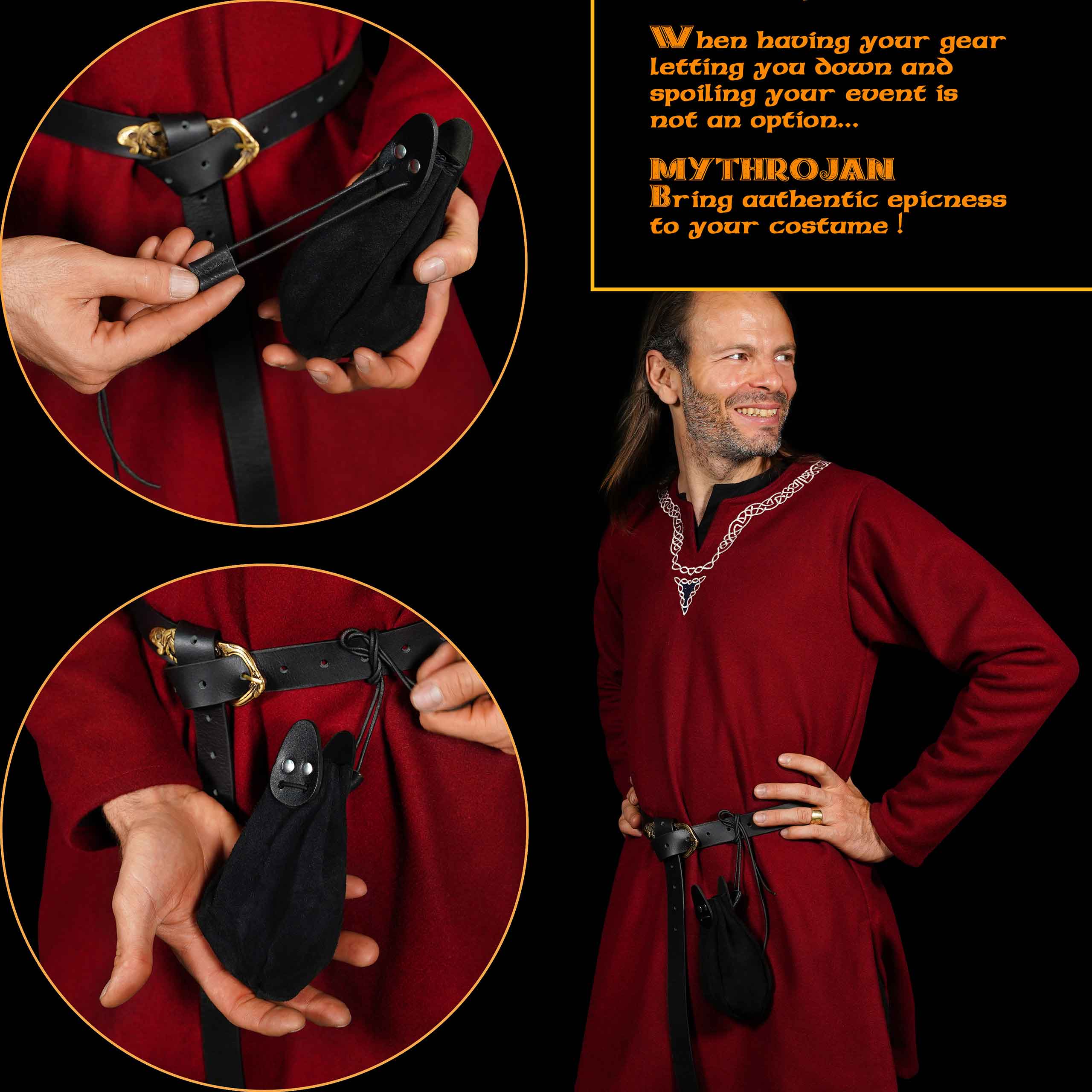 Mythrojan “Gold and Dice” Drawstring Pouch, Ideal for SCA LARP Reenactment &amp; Ren fair - Suede Leather Pouch, Black , 6 ”
