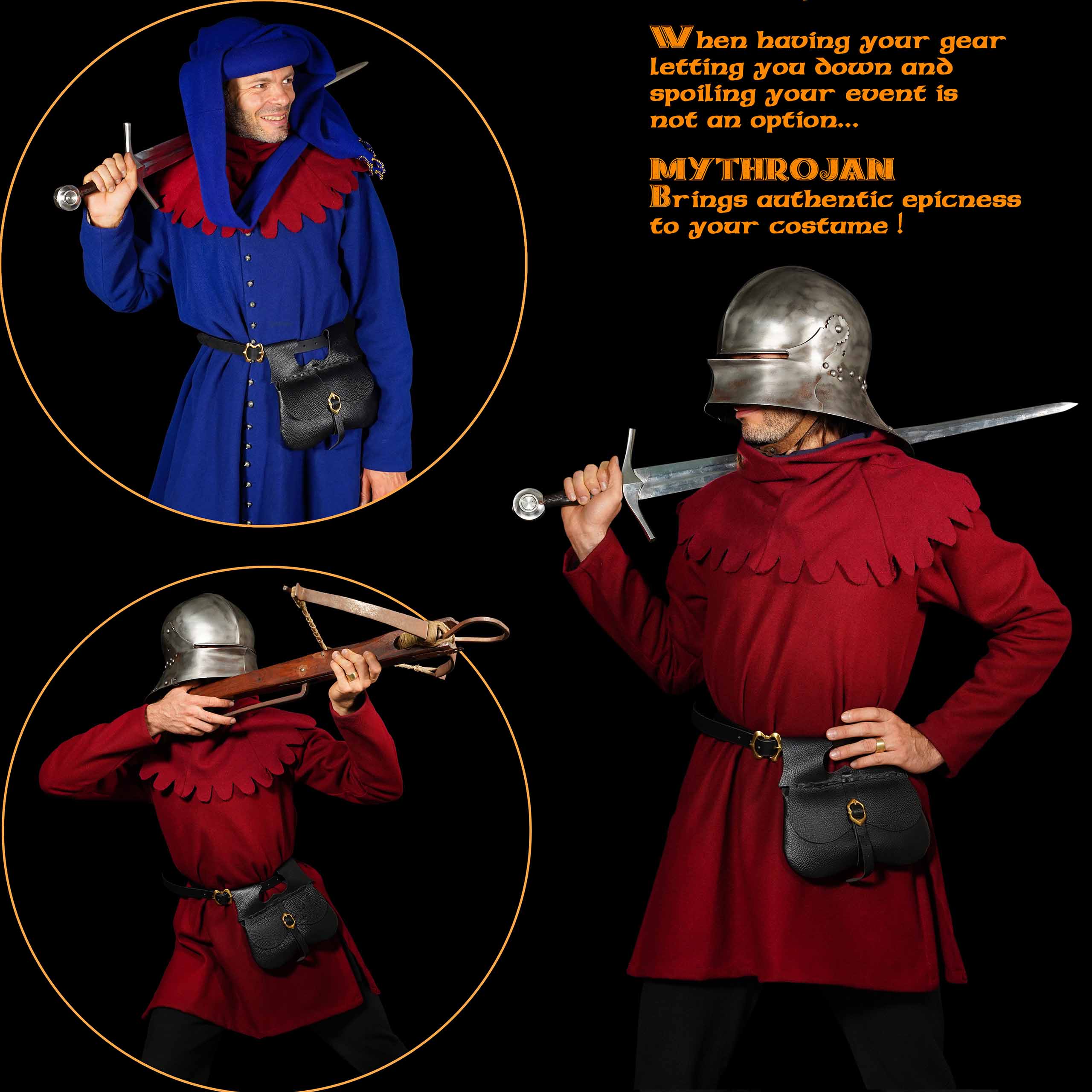 Mythrojan Classic Medieval Belt Bag with Solid Brass Buckle, Ideal for SCA LARP Reenactment &amp; Ren Fair, Full Grain Leather, Black 8.5”×9”