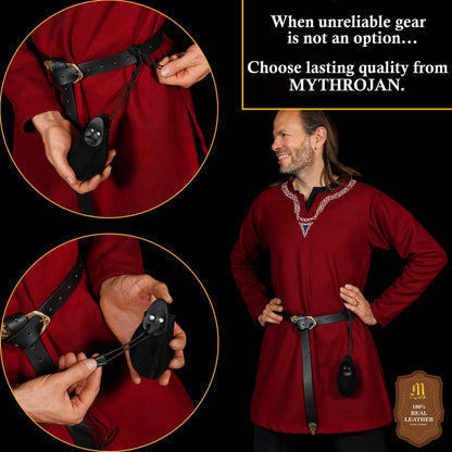 Mythrojan “Gold and Dice” Drawstring Pouch, Ideal for SCA LARP Reenactment &amp; Ren fair - Suede Leather Pouch, Black, 4