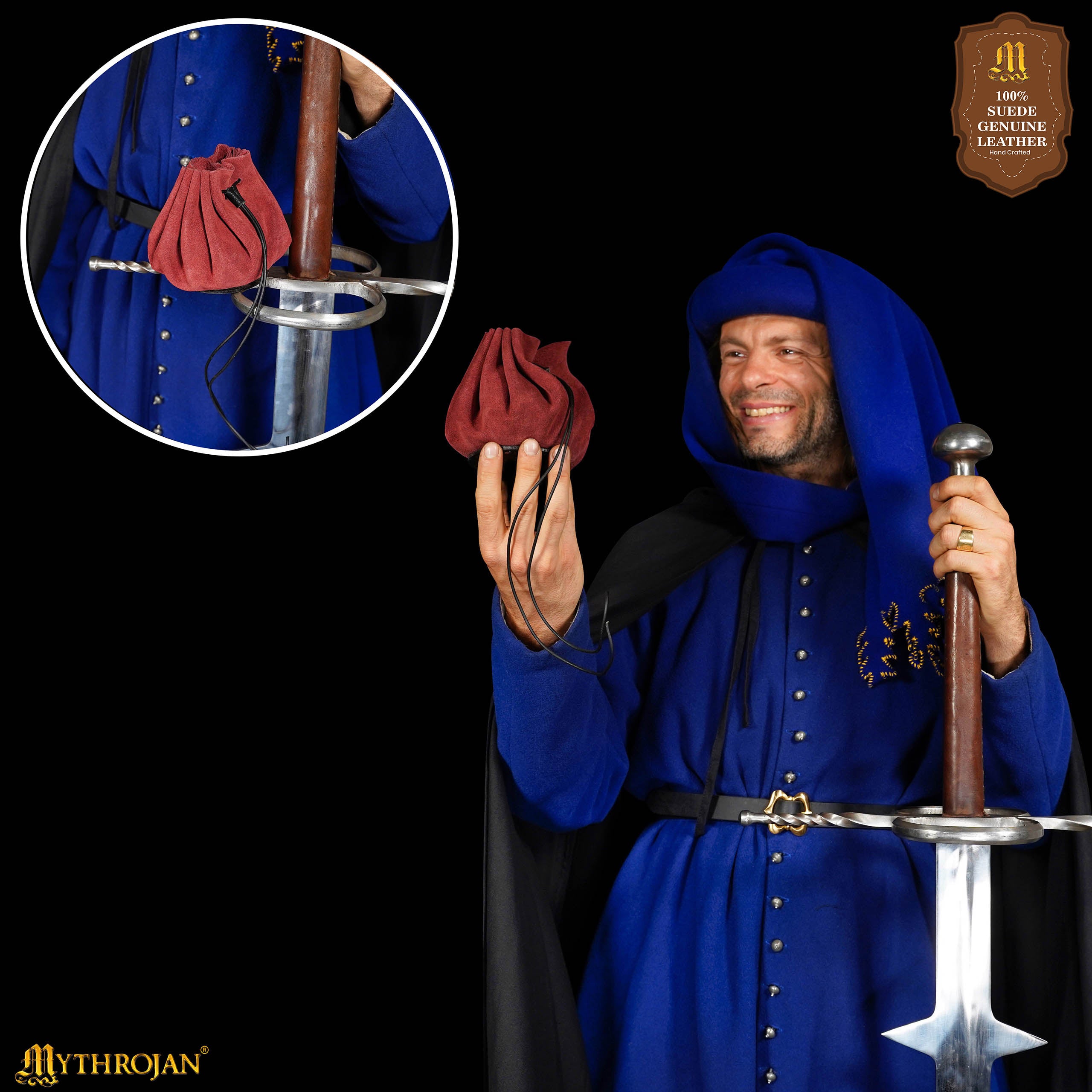 Mythrojan “ Gold and Dice ” Medieval Drawstring Bag, Ideal for SCA LARP Reenactment &amp; Ren fair - Suede Leather Pouch, Wine Red 3.5"