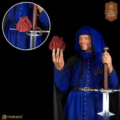 Mythrojan “ Gold and Dice ” Medieval Drawstring Bag, Ideal for SCA LARP Reenactment &amp; Ren fair - Suede Leather Pouch, Wine Red 3.5"