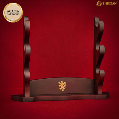 Mythrojan Solid Wood Sword Stand Medieval Sword Wall Mount Samurai Sword Display Stand Katana Sword Holder Gladiator Sword Wall Display Crusader Sword Stand Knife Stand for Display - Three Tier Sand 17" x 14"