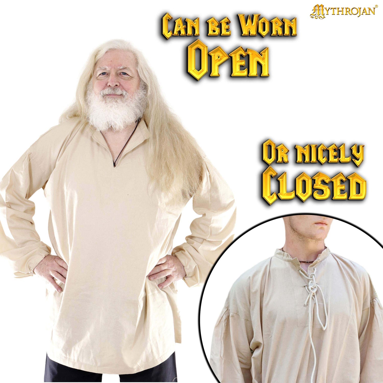 Mythrojan &quot;Adventurer&quot; Shirt with Lacing 100% Cotton Medieval Viking SCA LARP - Beige