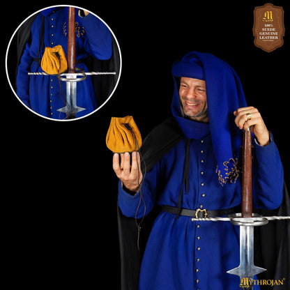 Mythrojan “ Gold and Dice ” Medieval Drawstring Pouch , Ideal for SCA LARP Reenactment &amp; Ren fair : Suede Leather Bag , 3.5”