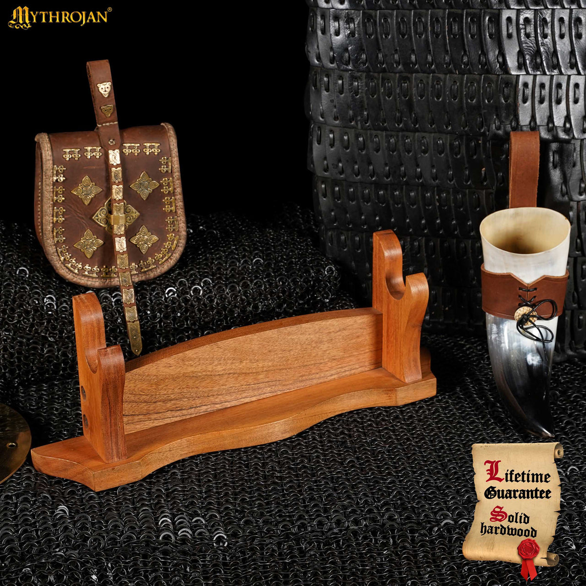 Mythrojan Solid Wood Sword Stand Medieval Sword Wall Mount Samurai Sword Display Stand Katana Sword Holder Gladiator Sword Wall Display Crusader Sword Stand Knife Stand for Display - One Tier Stand 17.5"